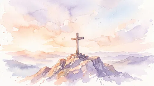 Watercolor Cross on Sunrise Mountain Peak