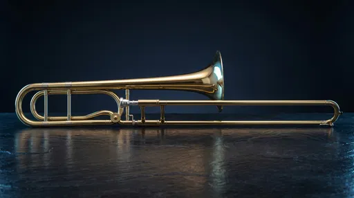 Brass Trombone on Dark Reflective Slate