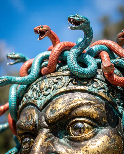 Gilded Gorgon Statue With Colorful Snakes