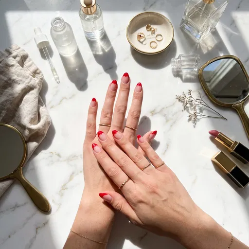Red Heart French Tip Manicure Flat Lay