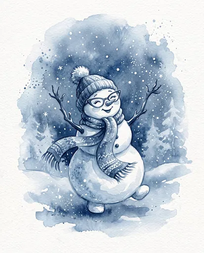 Monochrome Blue Watercolor Dancing Snowwoman Illustration
