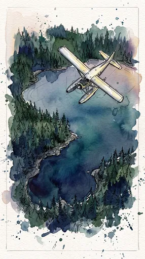 Watercolor Seaplane Over Forest Lake