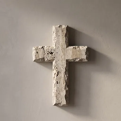 Chiseled Travertine Cross on Plaster Wall