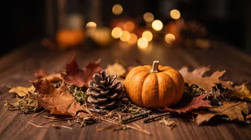 Miniature Pumpkin and Pinecone with Autumn Leaves