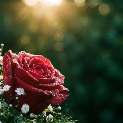 Dewy Red Rose in Sunlight