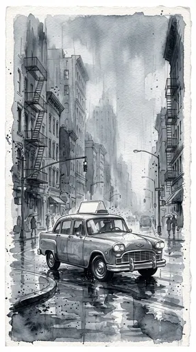 Vintage Taxi Cab Ink Wash Illustration