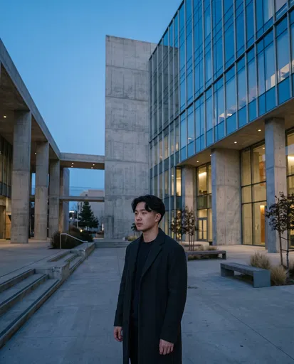 Man Standing in Modern Concrete Courtyard