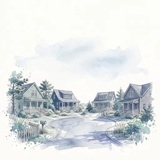 Watercolor Coastal Cul-de-Sac Cottages Illustration
