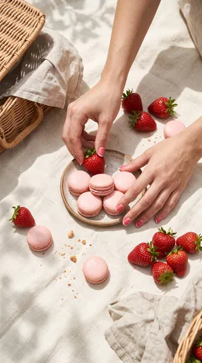 Hands Arranging Pink Macarons and Strawberries