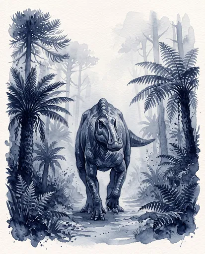 Indigo Watercolor Edmontosaurus in Prehistoric Forest