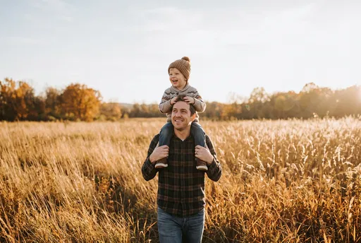 Father Carrying Son in Autumn Meadow