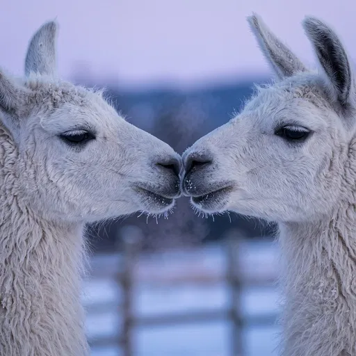 Two White Llamas Touching Noses in Winter