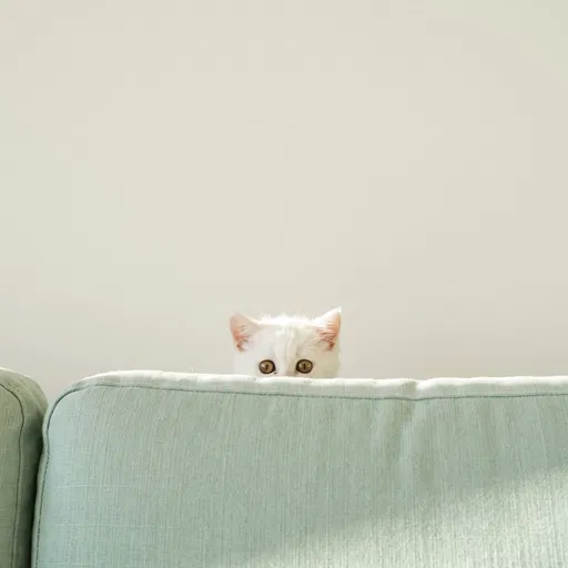 White Kitten Peeking Over Mint Sofa