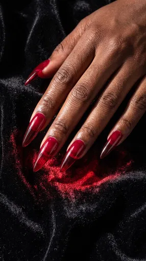 Translucent Red Stiletto Nails on Black Velvet