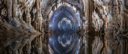 Limestone Cave Reflected in Underground Lake