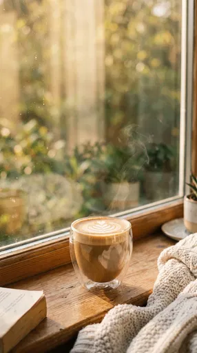 Steaming Latte on Sunny Window Ledge