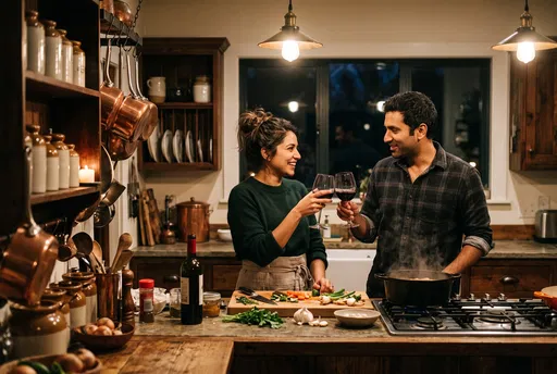 Couple Toasting With Wine While Cooking