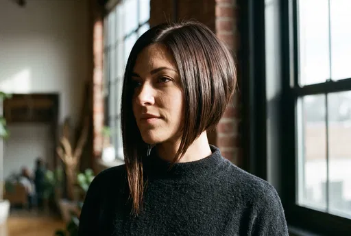 Woman with Asymmetrical Dark Brown Bob