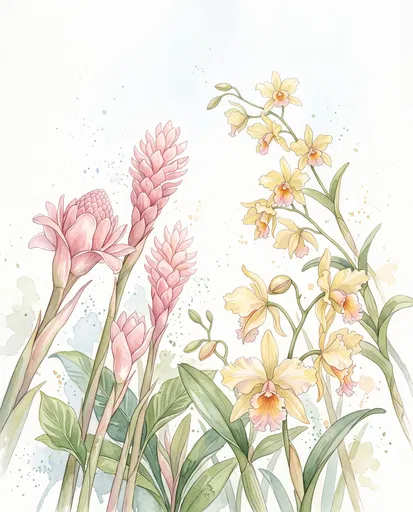 Watercolor Pink Ginger and Yellow Orchids