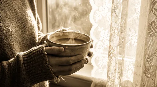 Hands Holding Steaming Bowl Near Lace Curtain