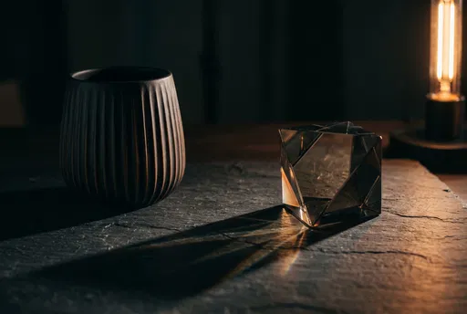 Smoked Glass Prism and Black Ceramic Vessel