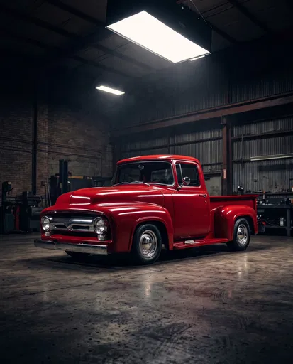 Classic Red Pickup Truck in Garage