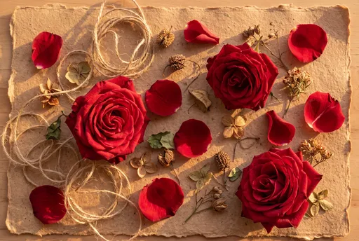 Red Roses and Petals on Handmade Paper