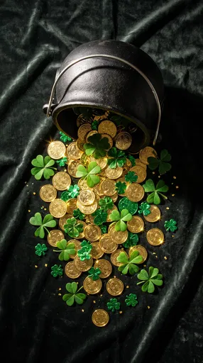 Cauldron Spilling Gold Coins and Clovers