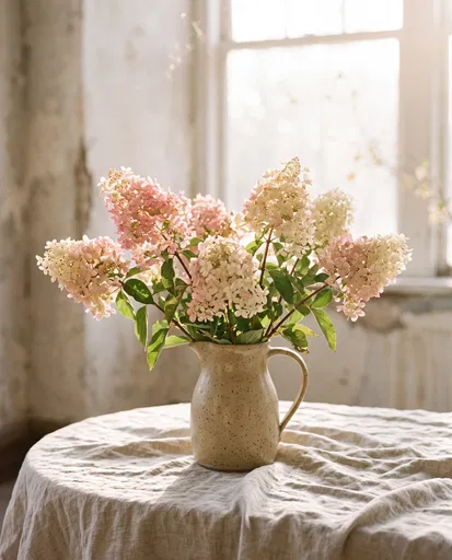 Pastel Hydrangea Blooms in Ceramic Pitcher
