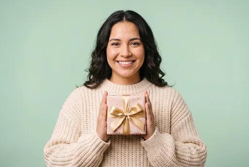 Smiling Woman Holding Pink Gift Box