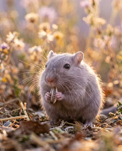 Lilac Gerbil Holding Sunflower Seed Outdoors