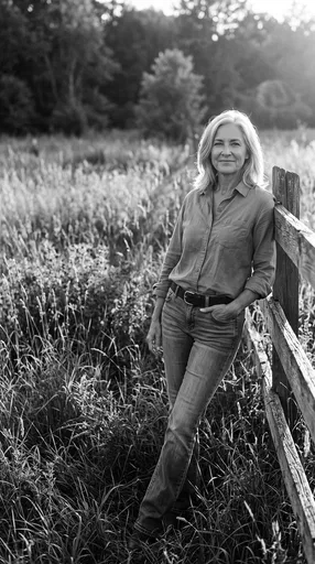 Monochrome Portrait of Mature Woman by Fence