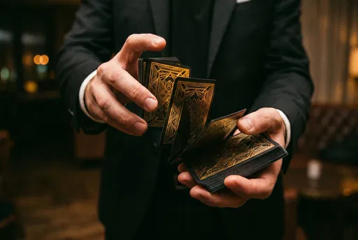 Performer Shuffling Black and Gold Playing Cards