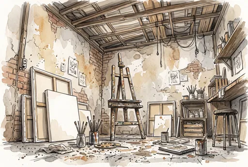 Watercolor Illustration of Rustic Artist Studio