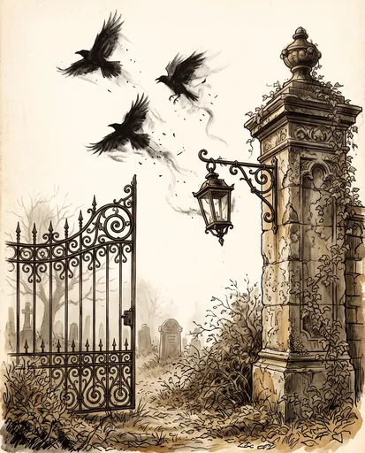 Sepia Cemetery Gate with Charcoal Ravens