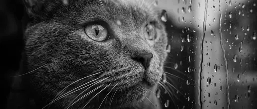 Monochrome Cat Looking Through Rainy Window