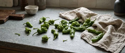 Green Shishito Peppers on Stone Counter