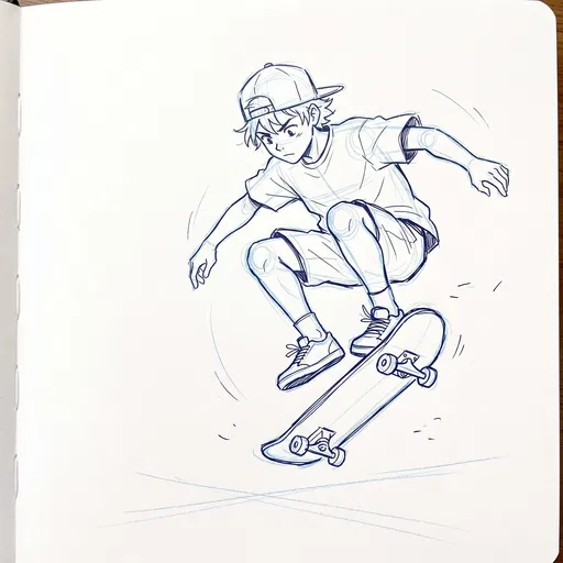 Anime Sketch of Boy Skateboarding