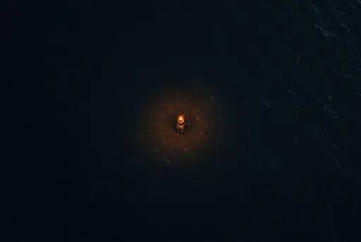 Glowing Amber Buoy in Dark Ocean