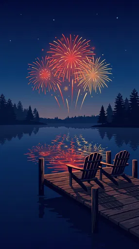 Lakeside Dock With Fireworks Illustration