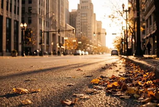 Autumn Leaves on Golden Hour City Street