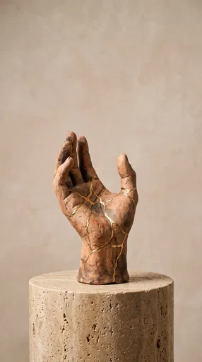 Kintsugi Clay Hand Sculpture on Stone Pedestal