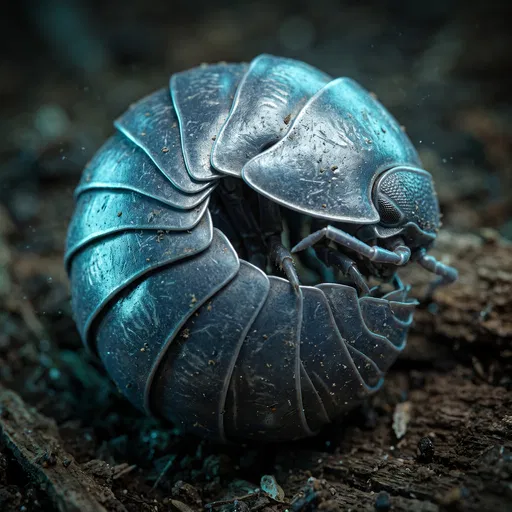Close-Up of Curled Metallic Blue Pillbug