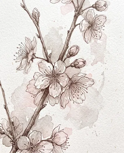 Cherry Blossom Pen and Watercolor Sketch