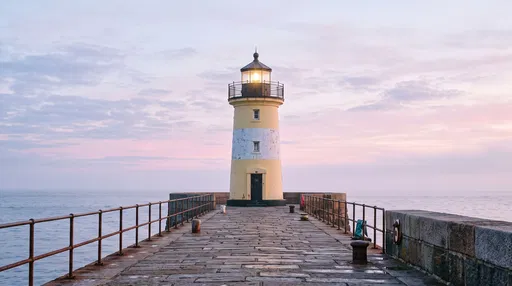 Pastel Yellow Lighthouse on Stone Pier