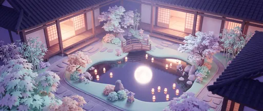 Stylized 3D Japanese Courtyard Pond at Night