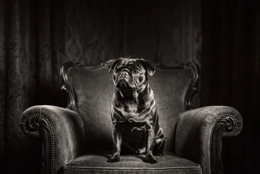 Monochrome Portrait of Black Pug in Armchair