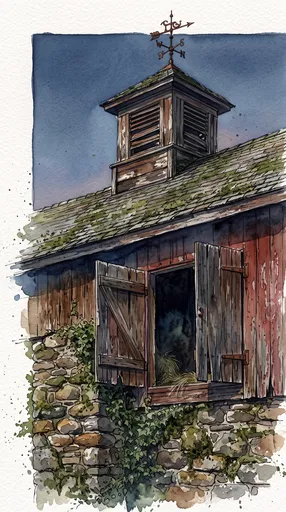 Watercolor Illustration of Aged Barn and Cupola