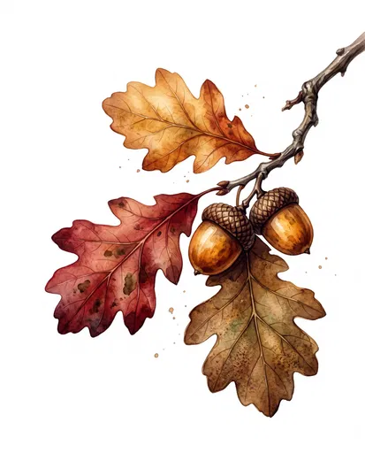 Watercolor Autumn Oak Branch With Acorns