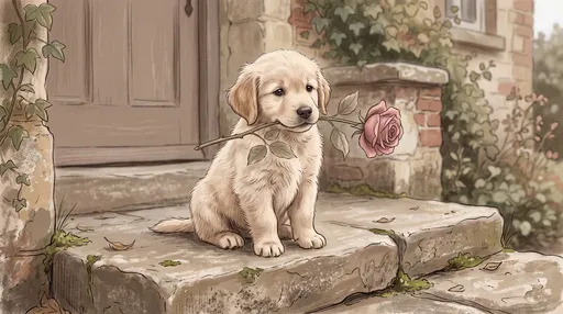 Golden Retriever Puppy Holding Pink Rose
